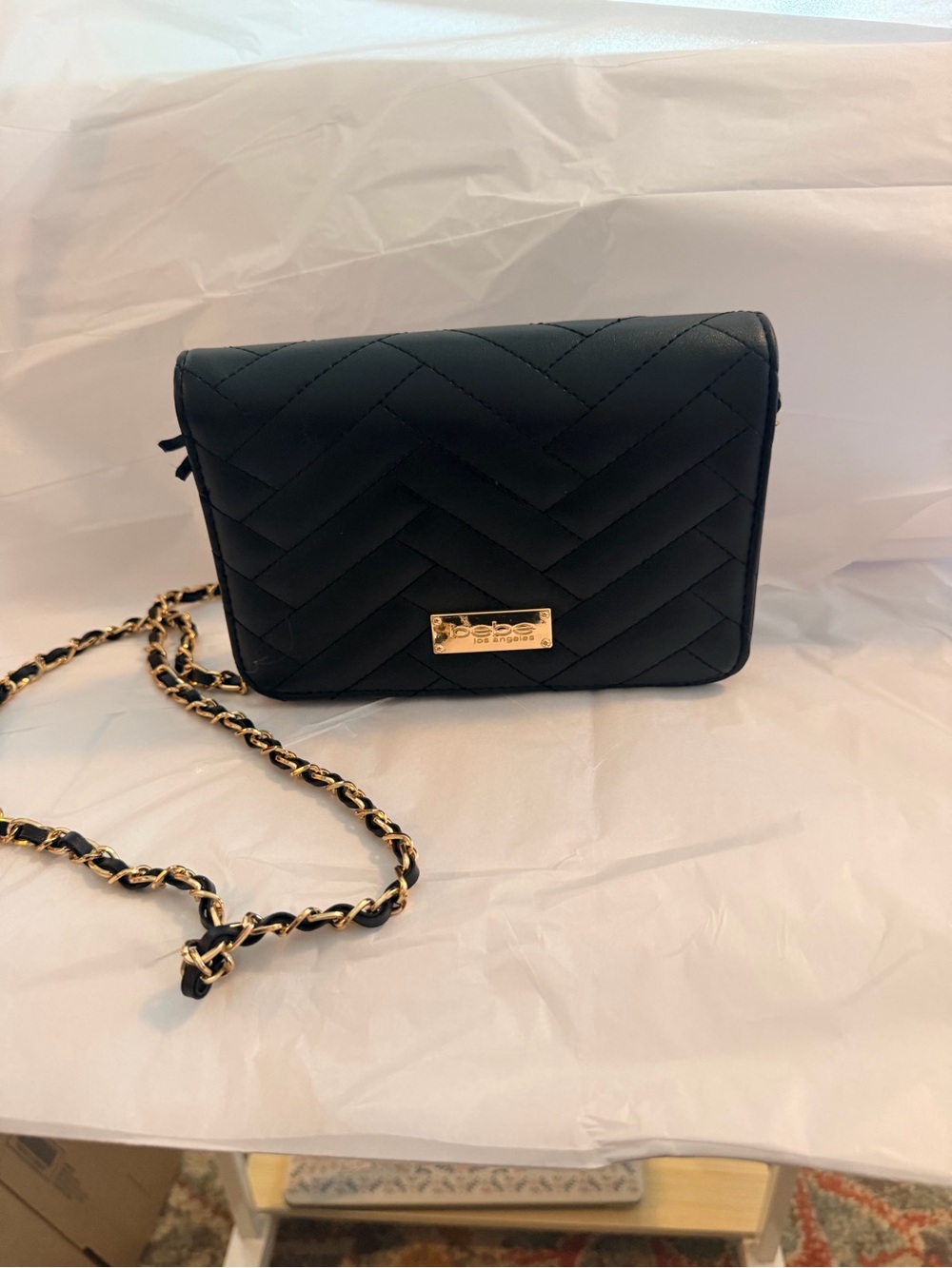 bebe Quilted Black Crossbody with Gold Chain